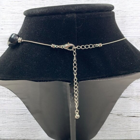 Polished Stone Beaded Station Necklace XL Length Silver White Gold & Black 45"L - Picture 4 of 5